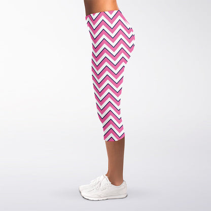 Pink White And Navy Chevron Print Women's Capri Leggings