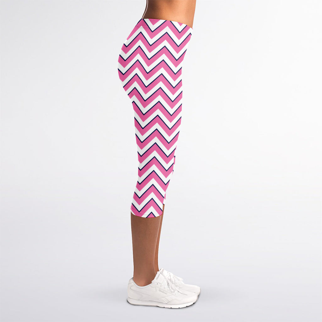 Pink White And Navy Chevron Print Women's Capri Leggings