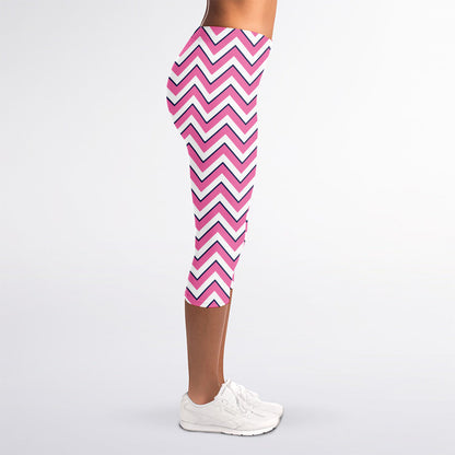 Pink White And Navy Chevron Print Women's Capri Leggings