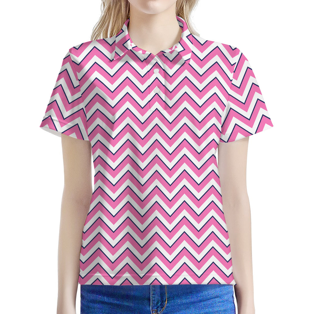 Pink White And Navy Chevron Print Women's Polo Shirt