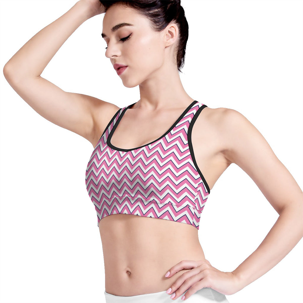 Pink White And Navy Chevron Print Women's Sports Bra