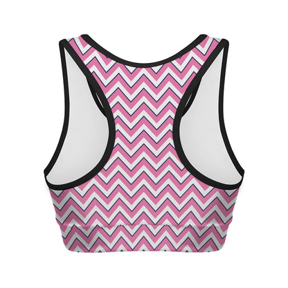 Pink White And Navy Chevron Print Women's Sports Bra