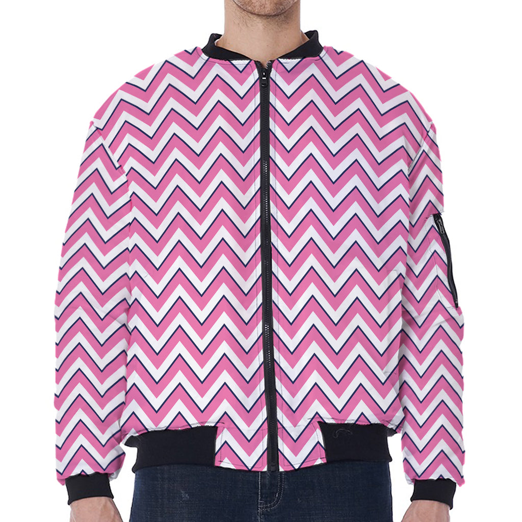 Pink White And Navy Chevron Print Zip Sleeve Bomber Jacket