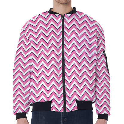Pink White And Navy Chevron Print Zip Sleeve Bomber Jacket