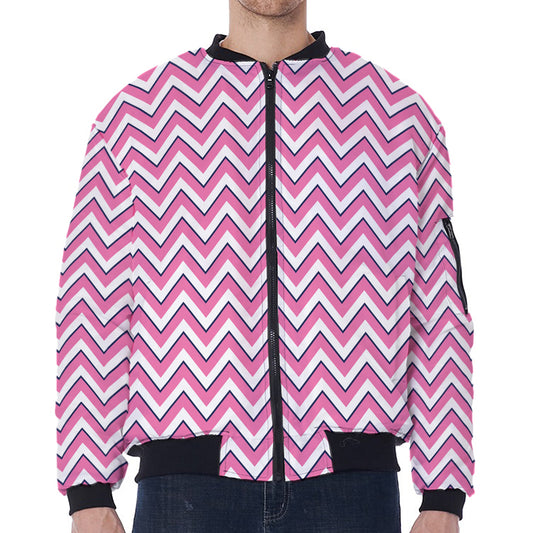Pink White And Navy Chevron Print Zip Sleeve Bomber Jacket