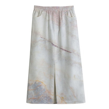 Pink White Grey Marble Print Cotton Front Slit Maxi Skirt