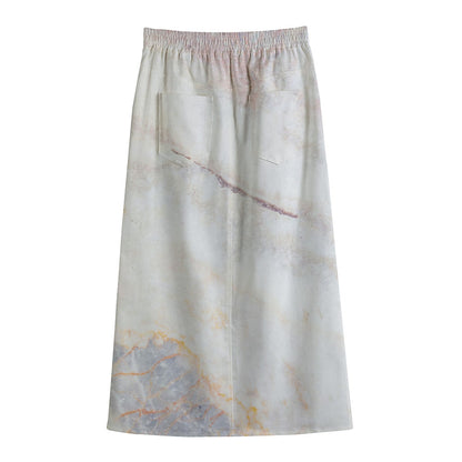 Pink White Grey Marble Print Cotton Front Slit Maxi Skirt