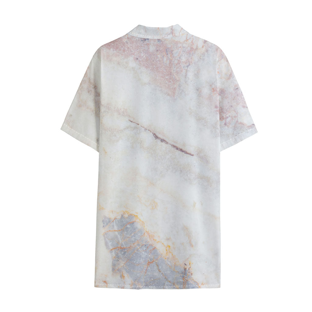 Pink White Grey Marble Print Cotton Hawaiian Shirt