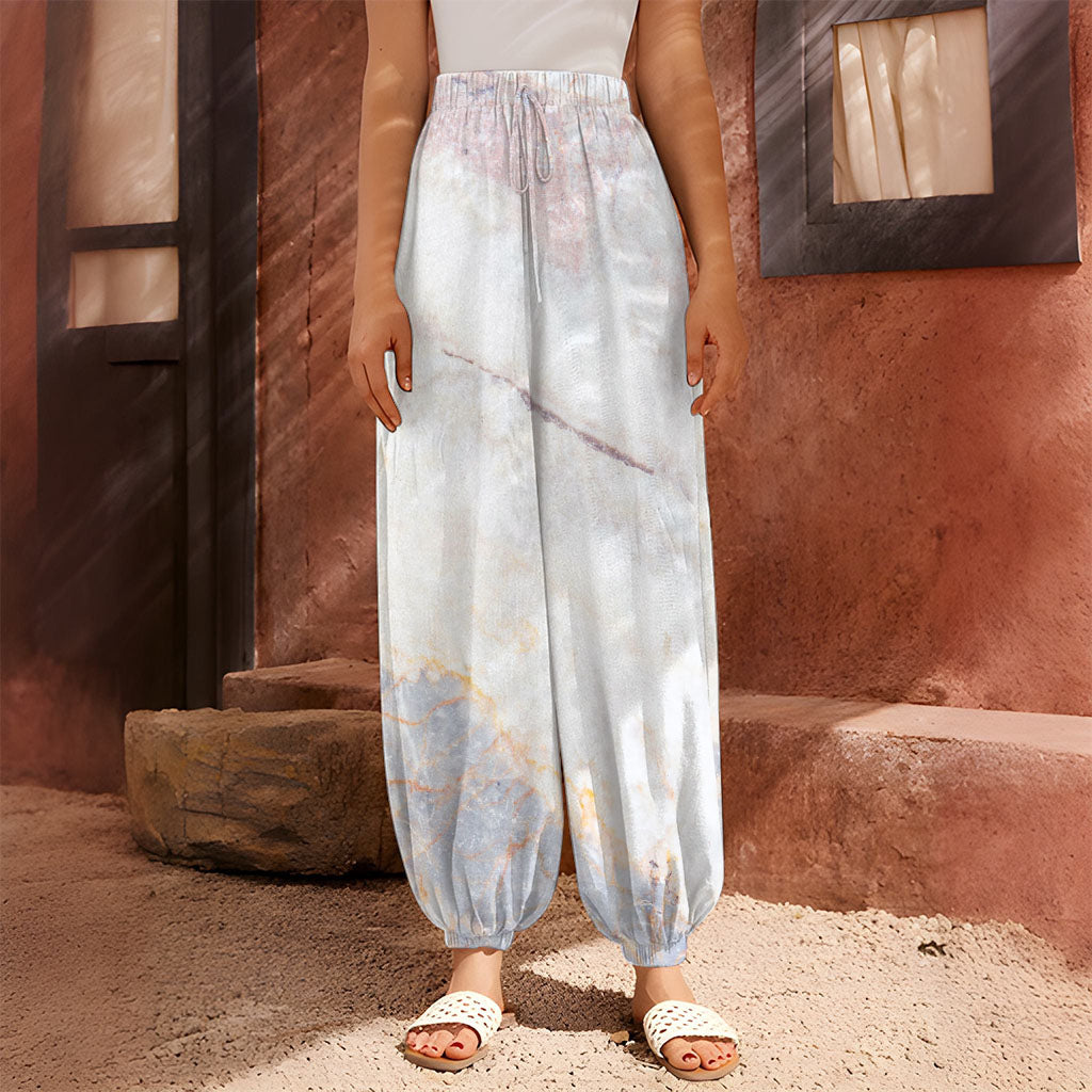 Pink White Grey Marble Print Harem Pants