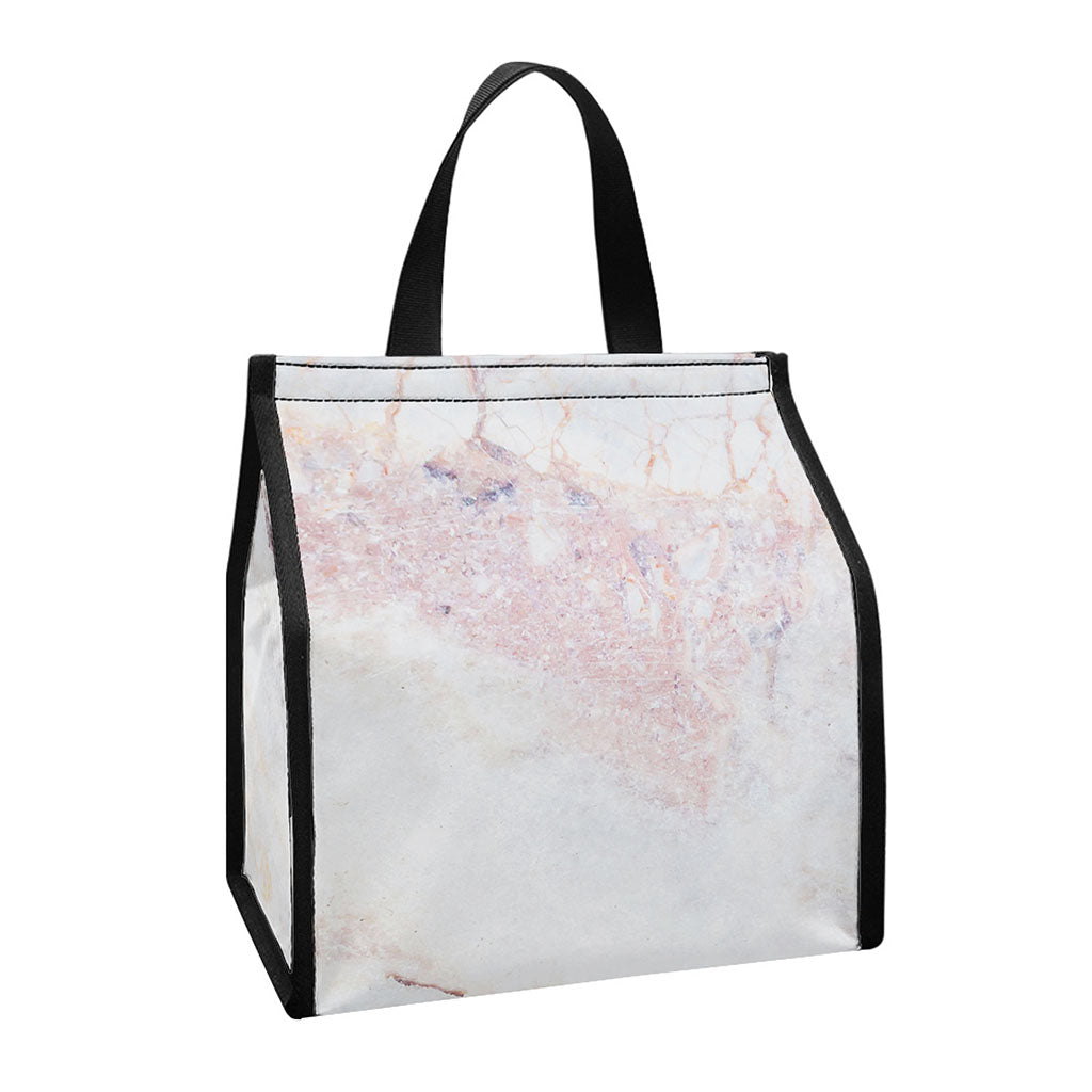 Pink White Grey Marble Print Insulated Lunch Tote