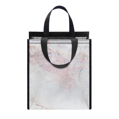 Pink White Grey Marble Print Insulated Lunch Tote