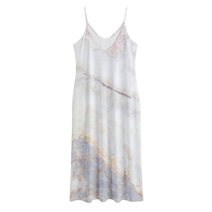 Pink White Grey Marble Print Jersey Midi Cami Dress