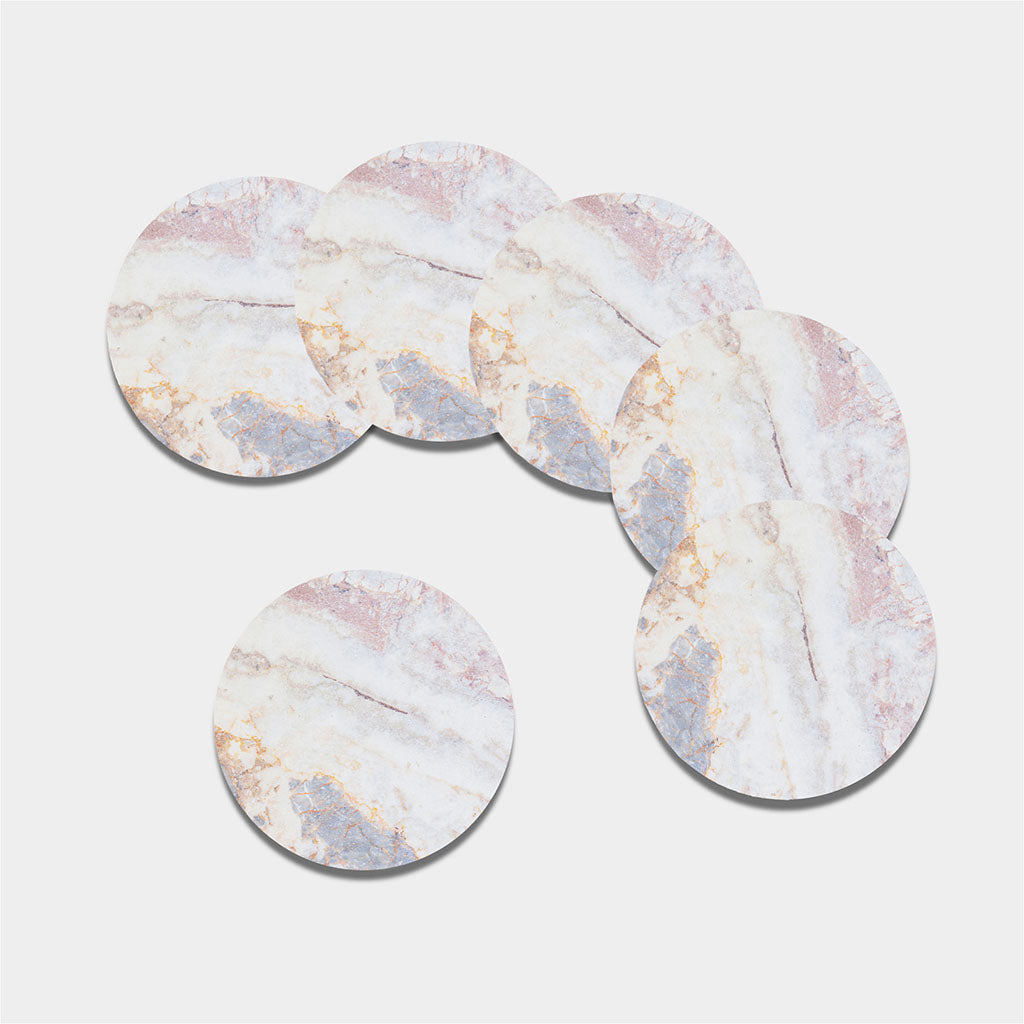 Pink White Grey Marble Print Leather Coaster Set