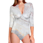 Pink White Grey Marble Print Long Sleeve Swimsuit