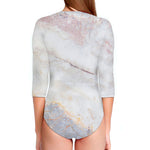 Pink White Grey Marble Print Long Sleeve Swimsuit