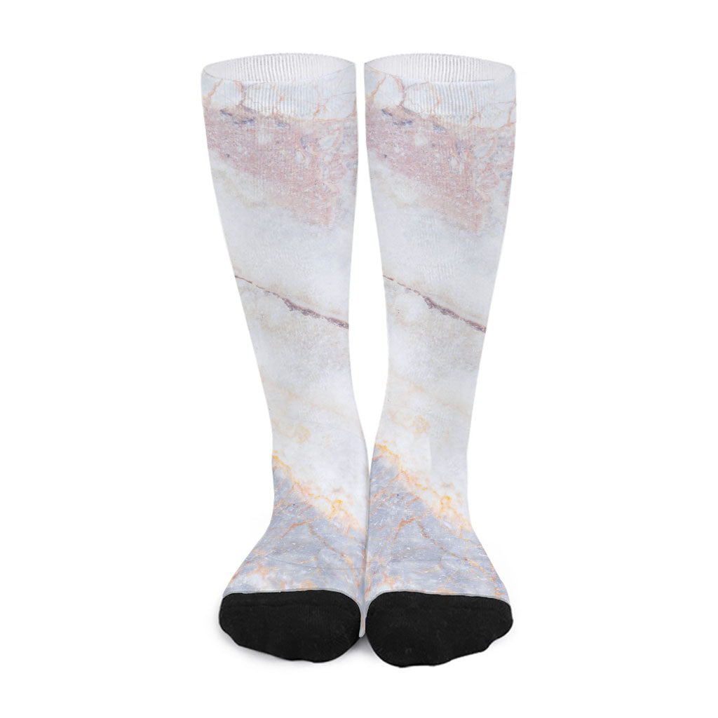 Pink White Grey Marble Print Long Socks