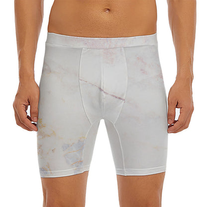 Pink White Grey Marble Print Men's Long Boxer Briefs