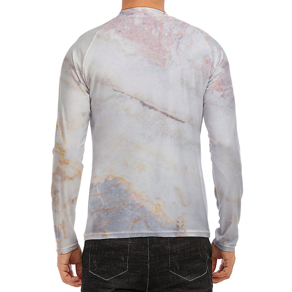 Pink White Grey Marble Print Men's Long Sleeve Rash Guard