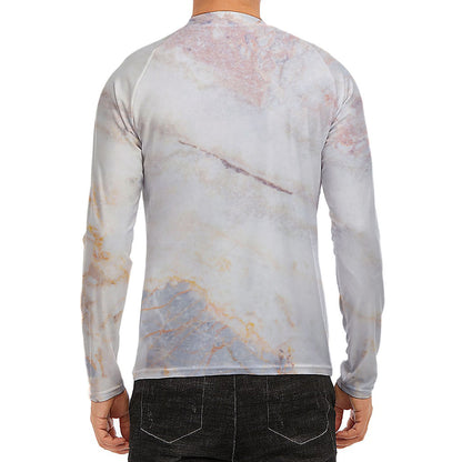 Pink White Grey Marble Print Men's Long Sleeve Rash Guard