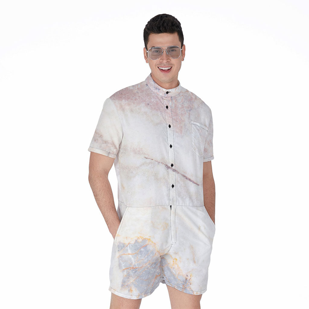Pink White Grey Marble Print Men's Rompers