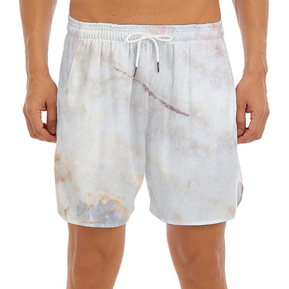 Pink White Grey Marble Print Men's Split Running Shorts