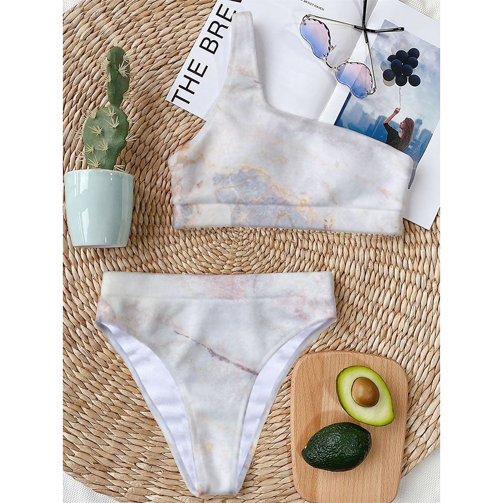 Pink White Grey Marble Print One Shoulder Bikini Top