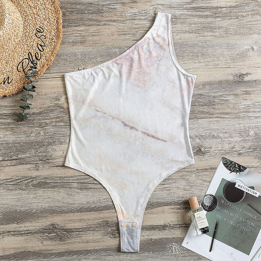 Pink White Grey Marble Print One Shoulder Bodysuit