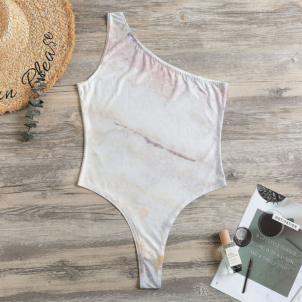 Pink White Grey Marble Print One Shoulder Bodysuit
