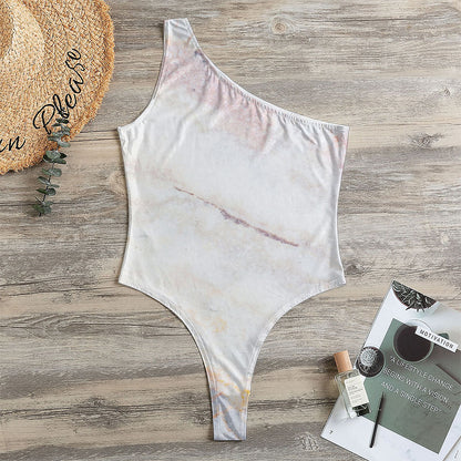 Pink White Grey Marble Print One Shoulder Bodysuit