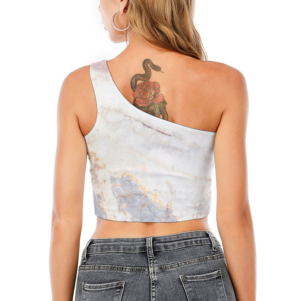 Pink White Grey Marble Print One Shoulder Crop Top