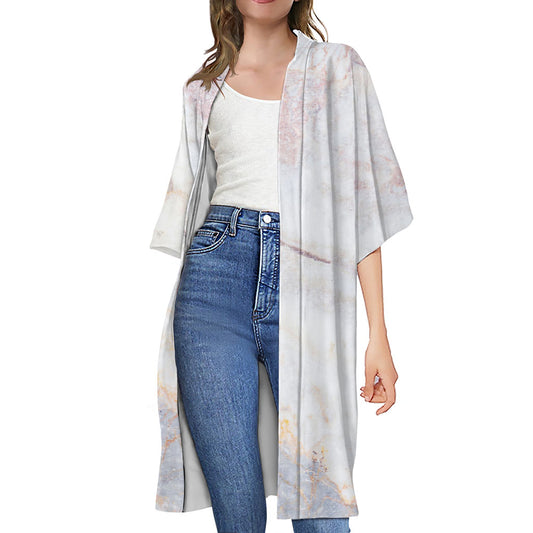 Pink White Grey Marble Print Open Front Beach Cover Up