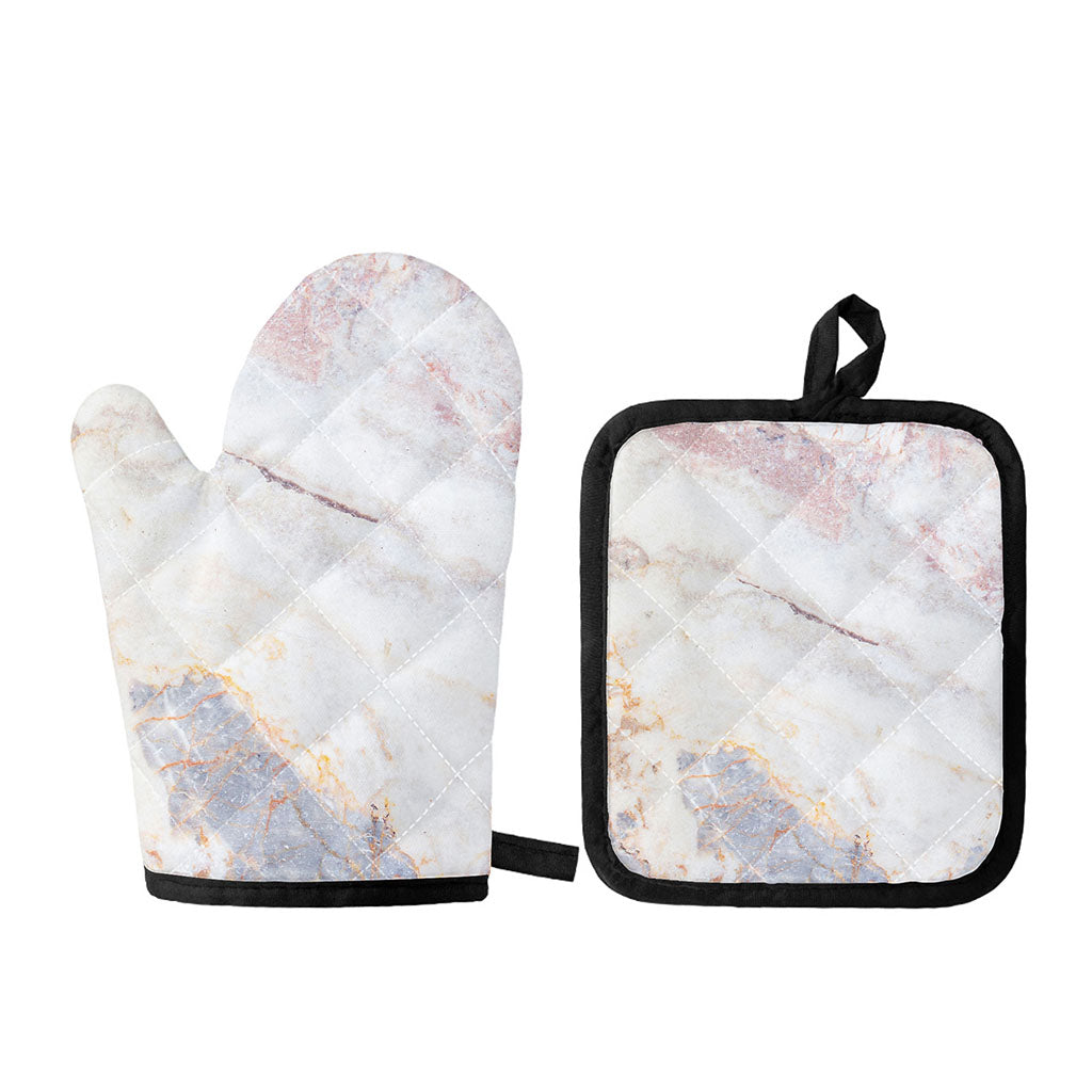 Pink White Grey Marble Print Oven Mitt And Pot Holder Set