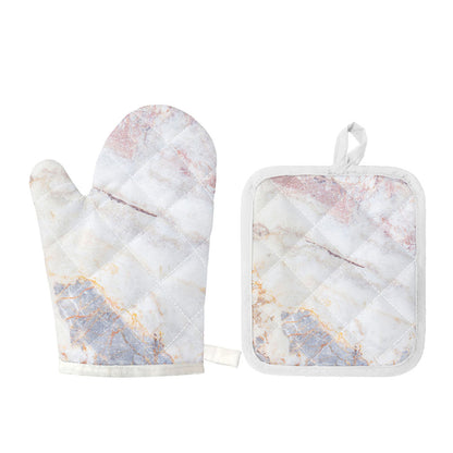 Pink White Grey Marble Print Oven Mitt And Pot Holder Set