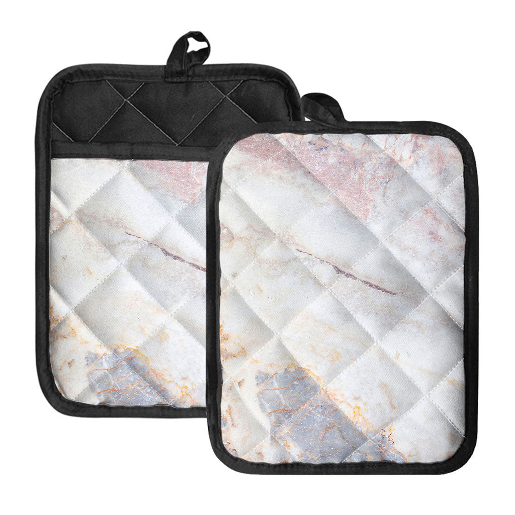 Pink White Grey Marble Print Pot Holders With Pocket