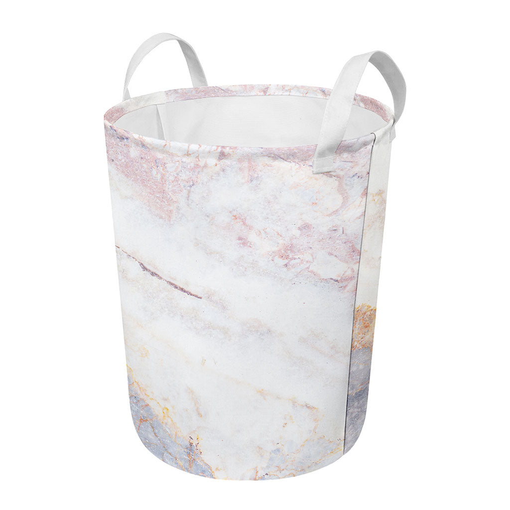 Pink White Grey Marble Print Round Laundry Basket