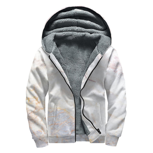 Pink White Grey Marble Print Sherpa Lined Zip Up Hoodie