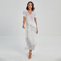 Pink White Grey Marble Print Short Sleeve Maxi Dress