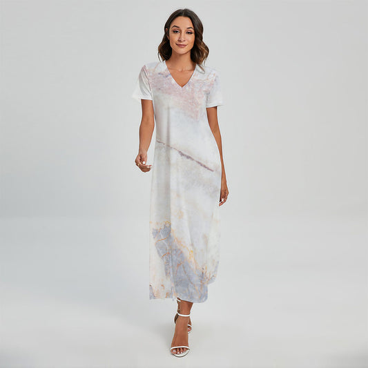 Pink White Grey Marble Print Short Sleeve Maxi Dress
