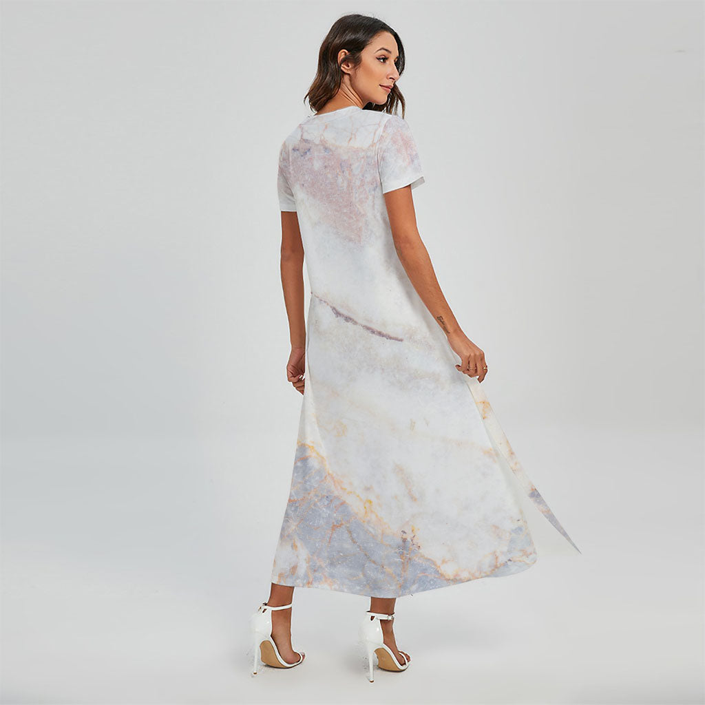 Pink White Grey Marble Print Short Sleeve Maxi Dress