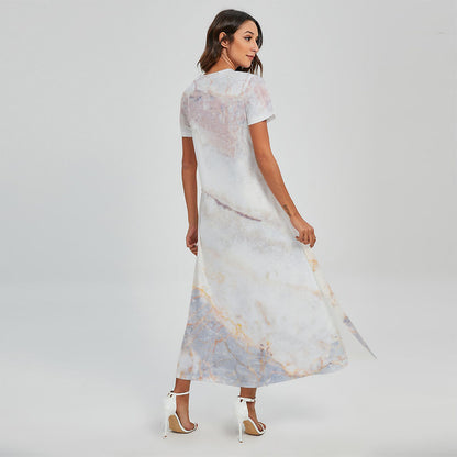 Pink White Grey Marble Print Short Sleeve Maxi Dress