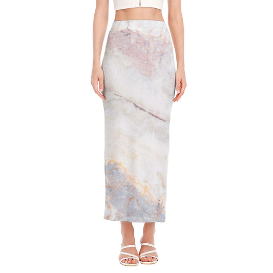 Pink White Grey Marble Print Side Slit Maxi Skirt