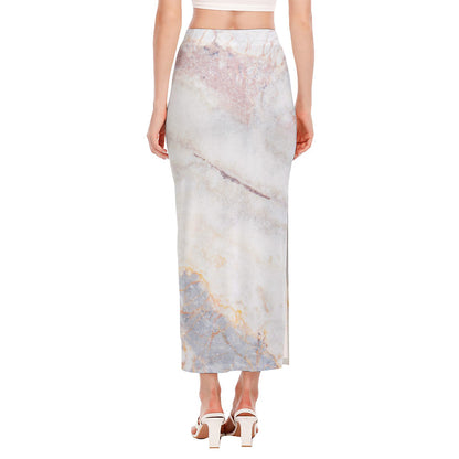 Pink White Grey Marble Print Side Slit Maxi Skirt