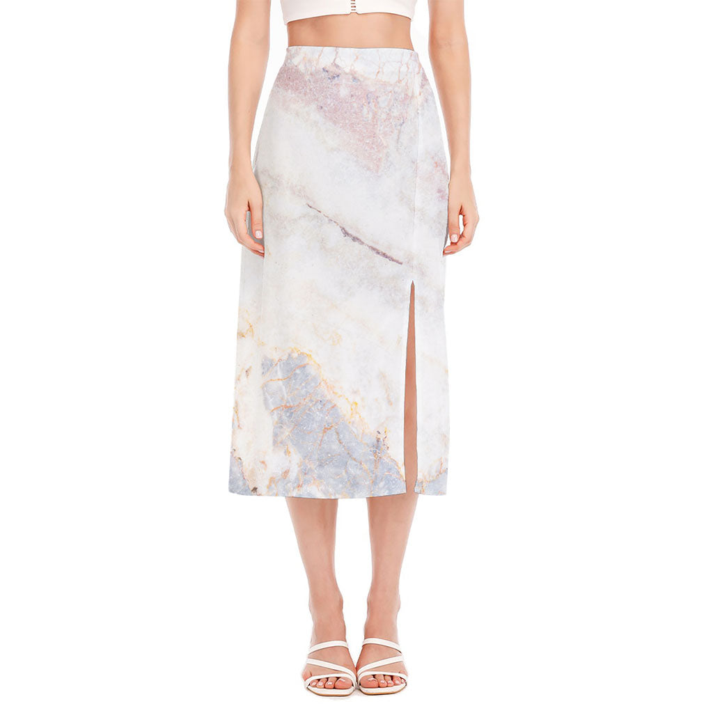 Pink White Grey Marble Print Side Slit Midi Skirt
