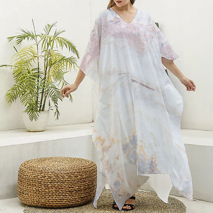 Pink White Grey Marble Print Silk V-Neck Kaftan Dress