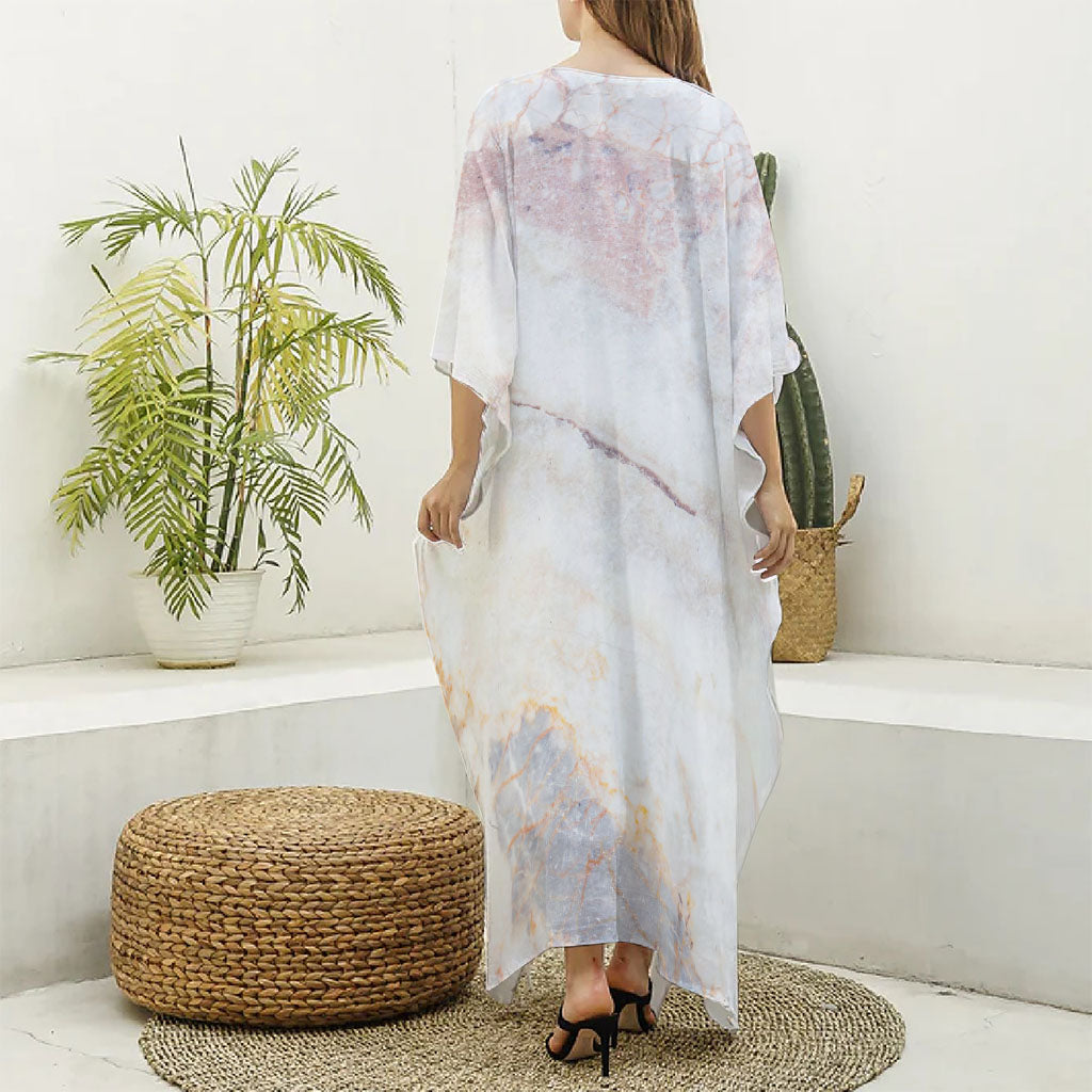 Pink White Grey Marble Print Silk V-Neck Kaftan Dress