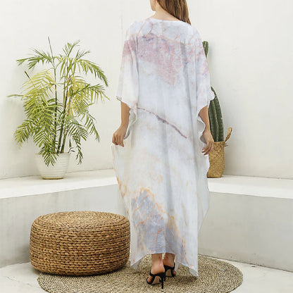 Pink White Grey Marble Print Silk V-Neck Kaftan Dress