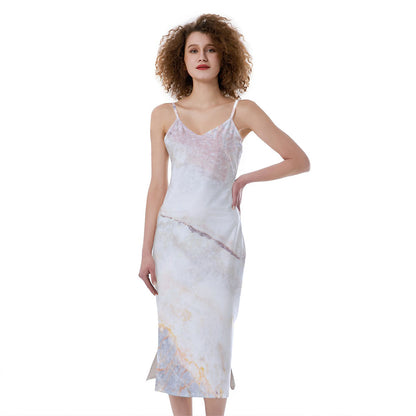Pink White Grey Marble Print Slim Fit Midi Cami Dress