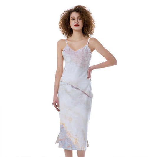 Pink White Grey Marble Print Slim Fit Midi Cami Dress