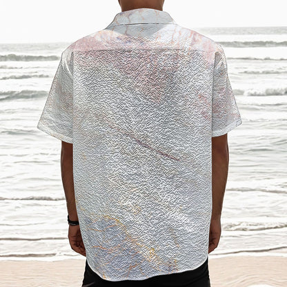 Pink White Grey Marble Print Textured Short Sleeve Shirt