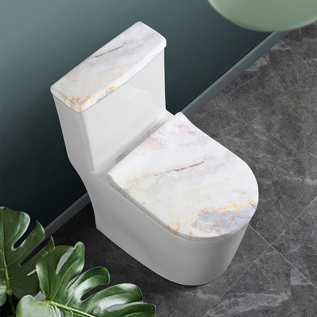 Pink White Grey Marble Print Toilet Lid And Tank Cover Set